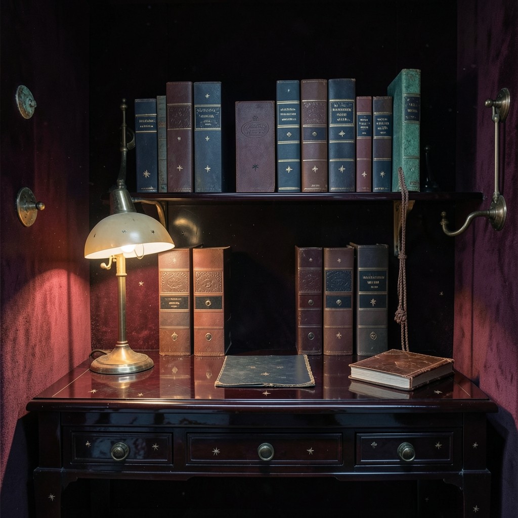 Velvet-walled study with aged copper fixtures and chart binders along a lacquered shelf
