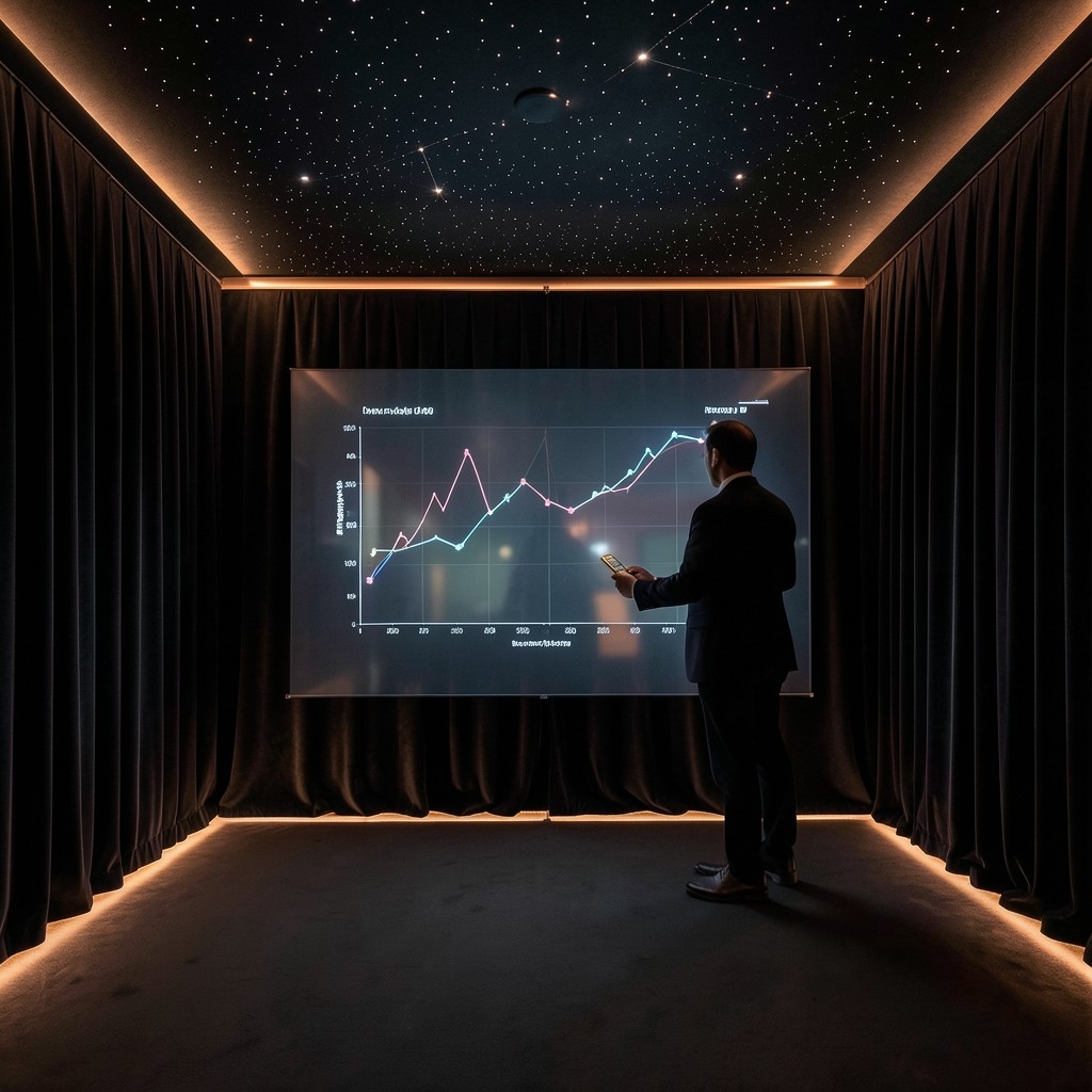 Instructor pausing a projected market open replay in a dark velvet training room