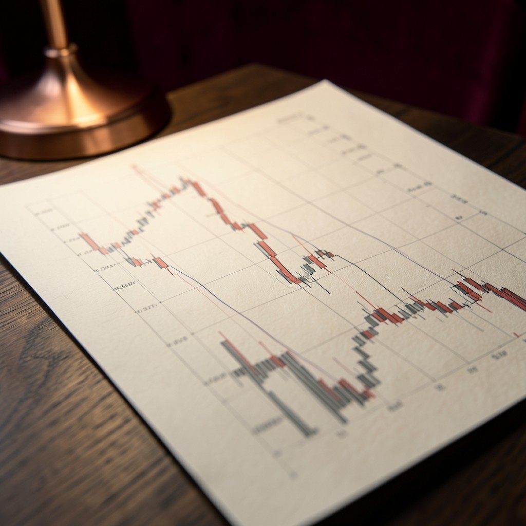 Close view of a volume histogram beside a breakout candle on a printed chart sheet