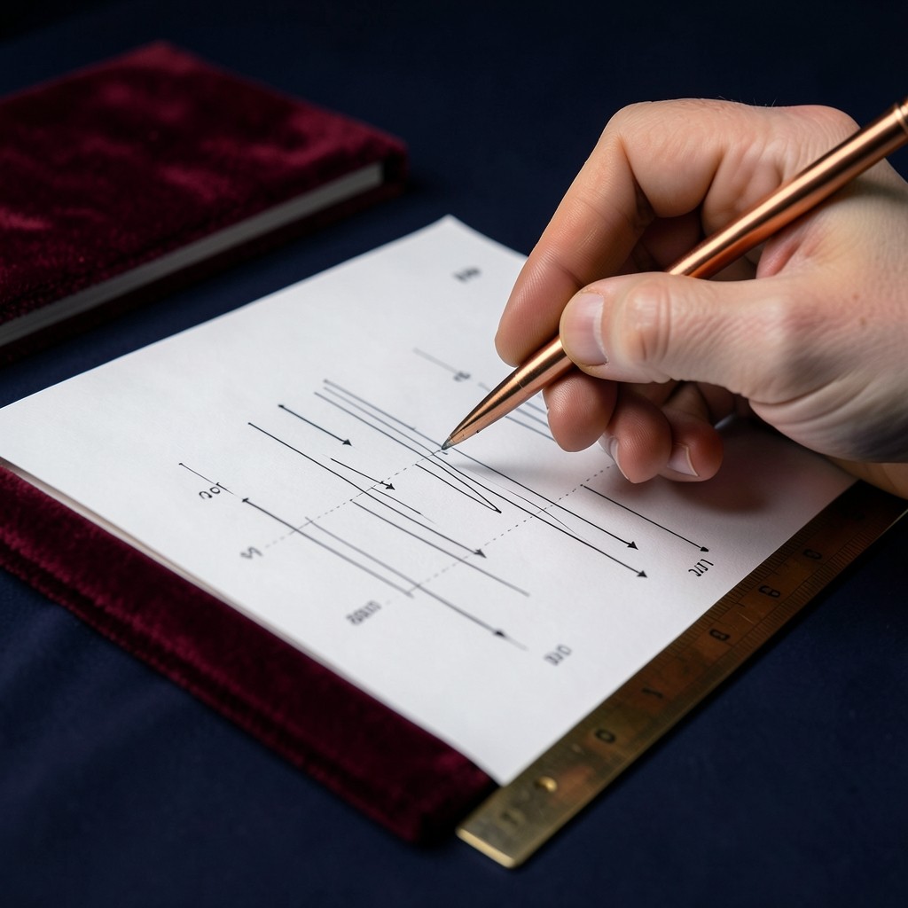 Hand annotating long upper wicks on a paper chart with copper pen light