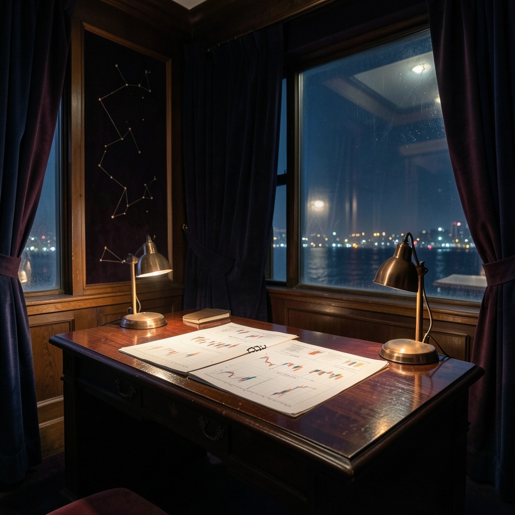 Dim velvet study room with copper desk lamp and annotated price chart notebooks overlooking a night harbour