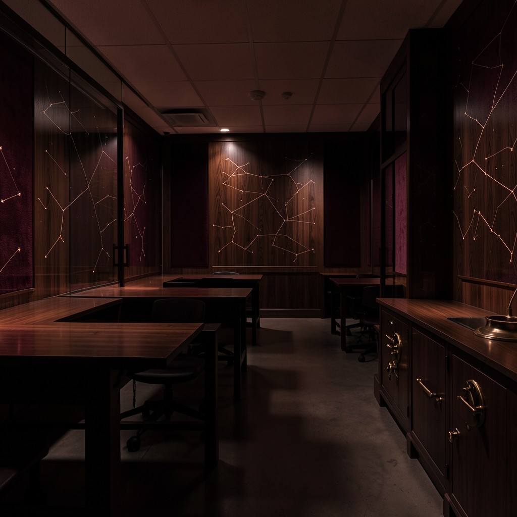 Practice lab desks with soft copper lighting and constellation engravings on wood panels