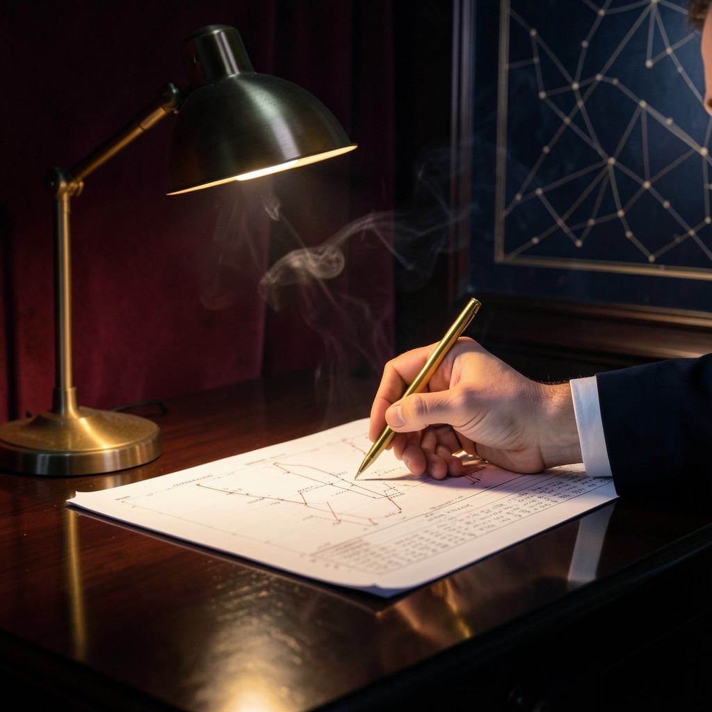 Instructor marking wick rejection zones on a large printed chart under warm copper lighting