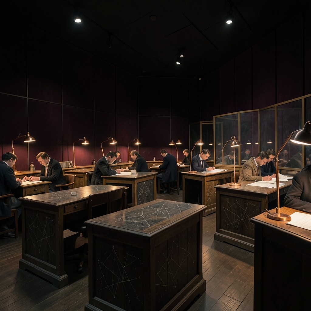 Quiet practice lab with constellation-engraved wood panels and traders at individual desks