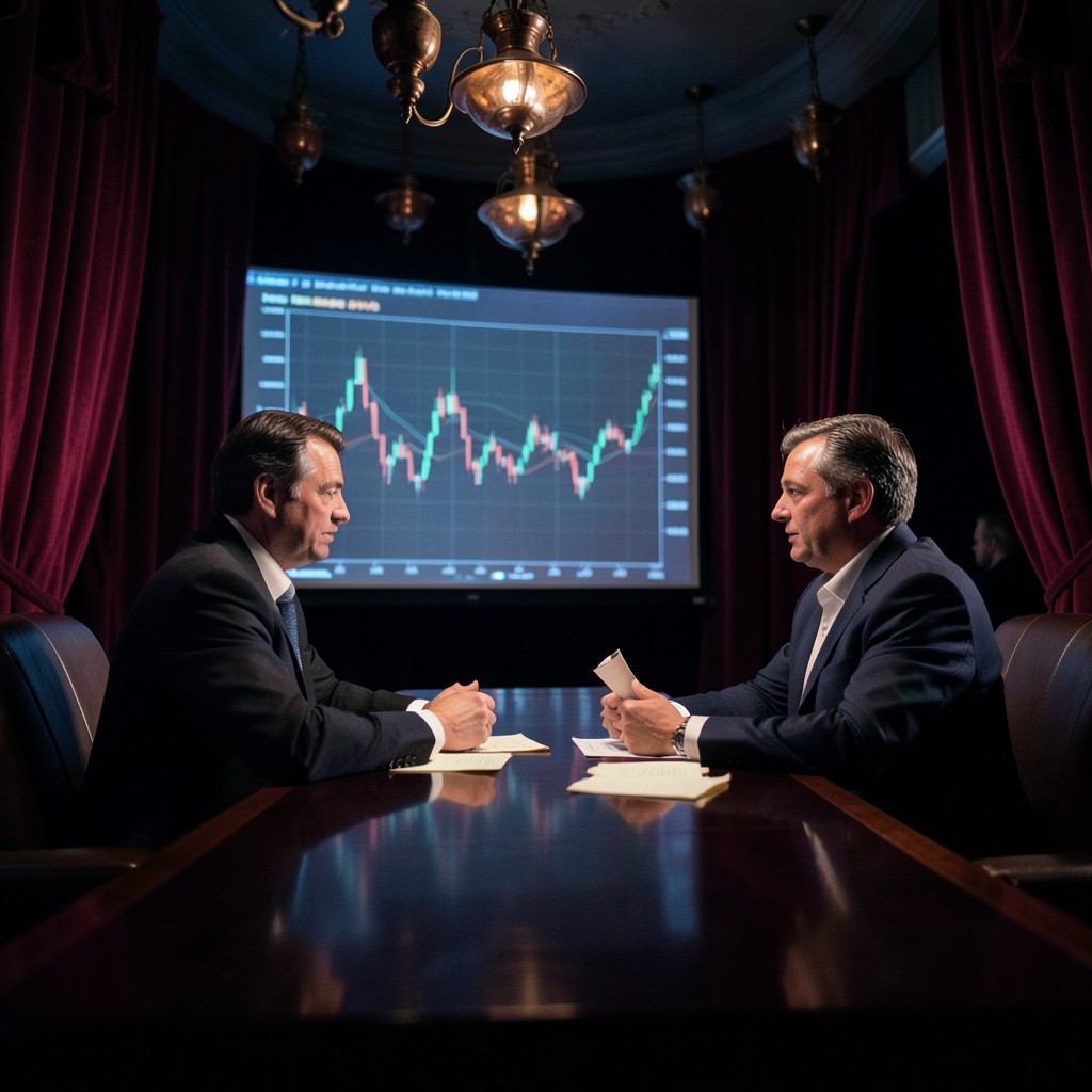 Two traders reviewing a replayed candlestick sequence at a lacquered wood desk